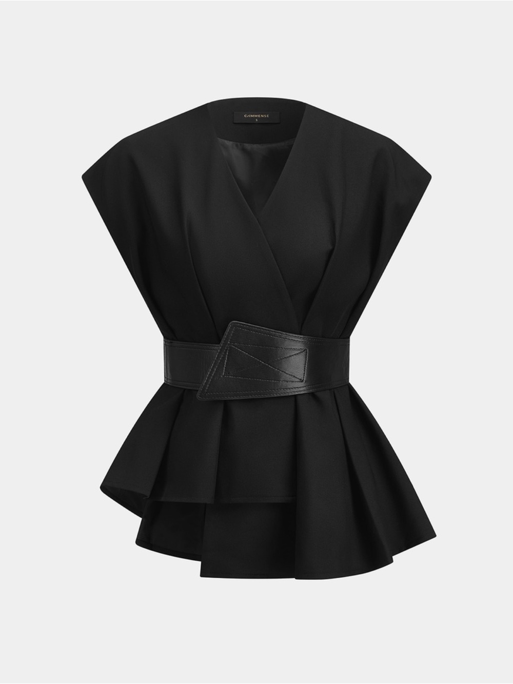 Commense Black Structured Peplum Wrap Top with Wide Waist Belt